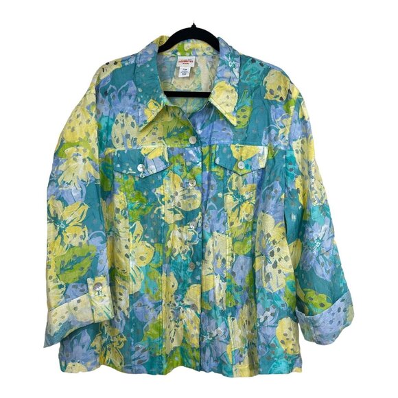 Ruby Rd. Favorites Women SZ 22W Burnout Blue Floral Jacket Top Adj Sleeve - Picture 3 of 10